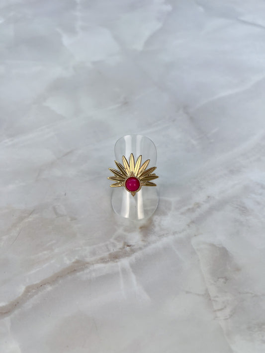 Ring half bloemetje met fuchsia steentje