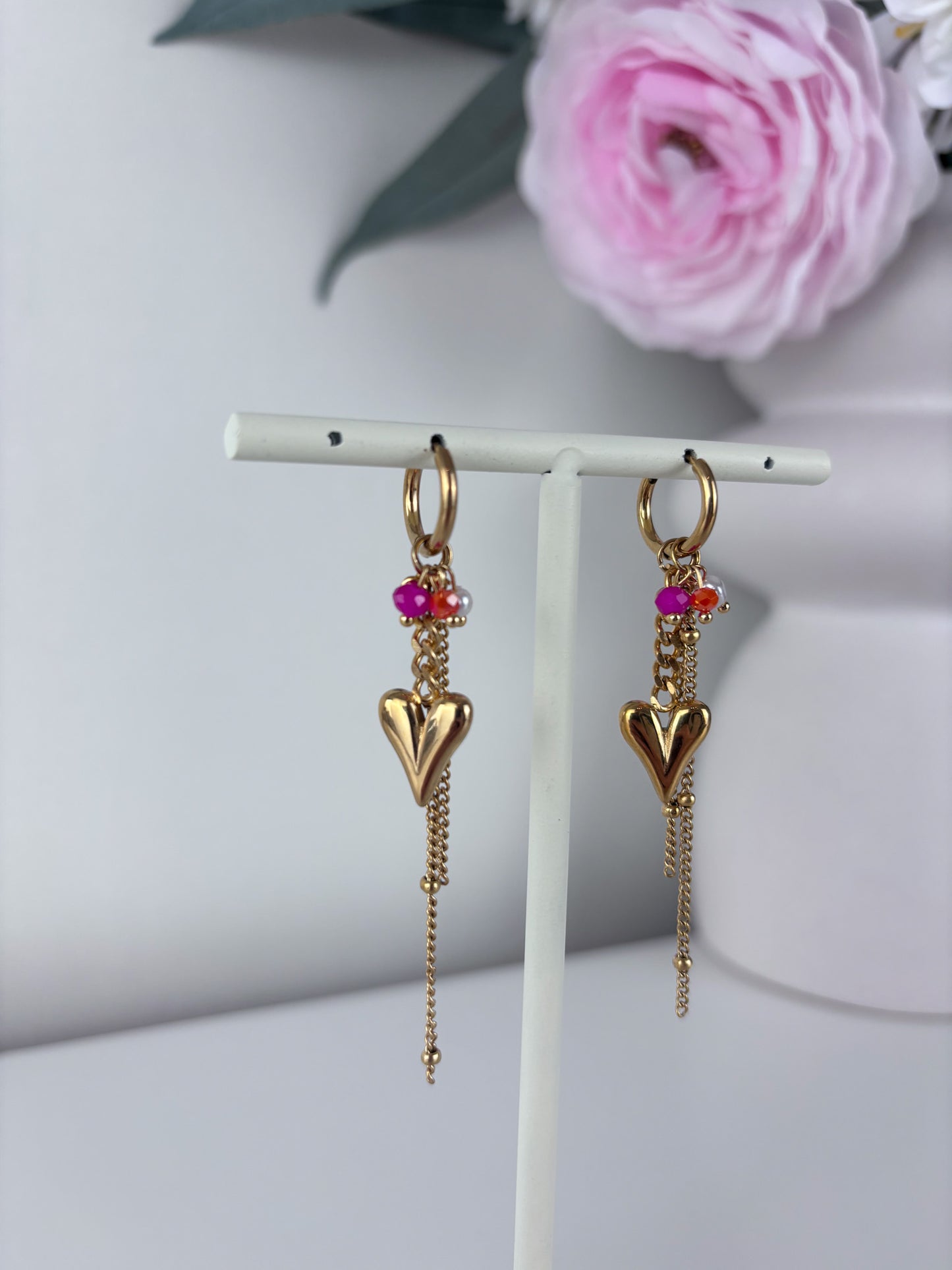 Oorbellen met schakels, kleur en lovely heart