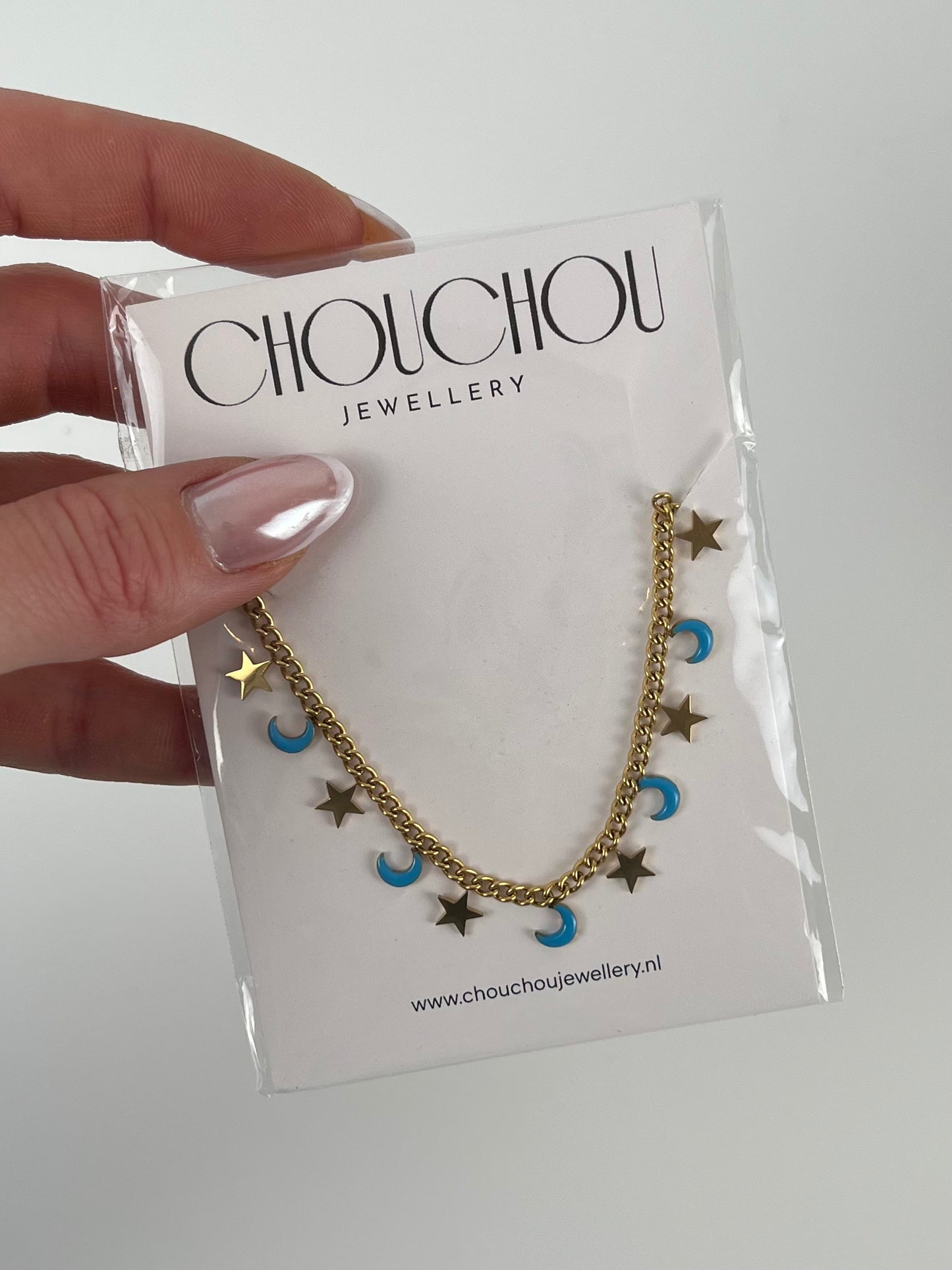 Ketting maantjes goud met blauw
