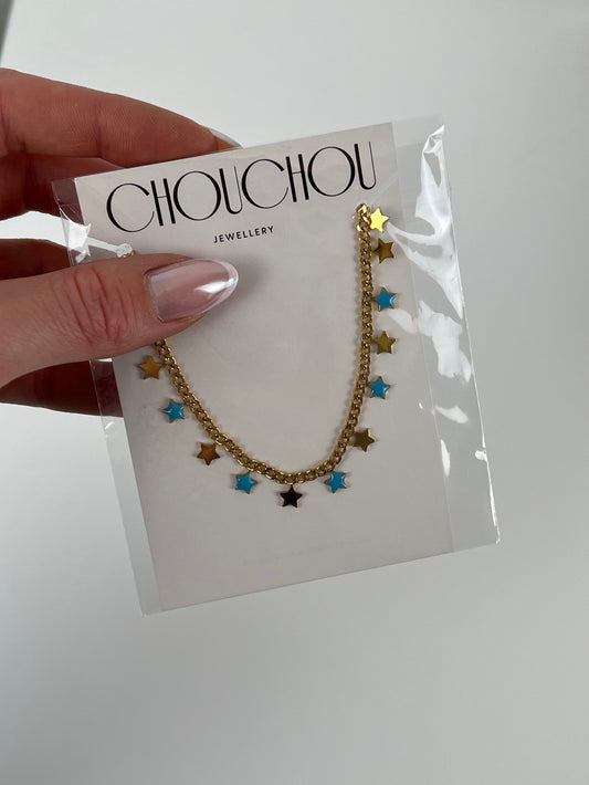 Ketting sterretjes goud met blauw
