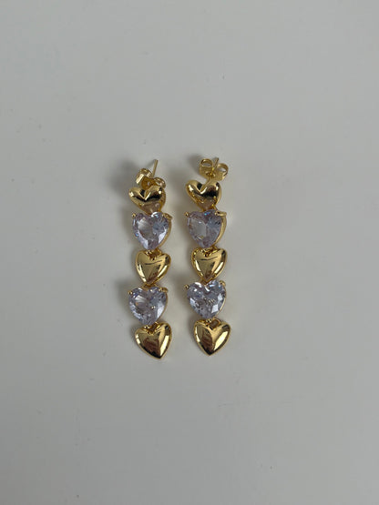 Oorbellen 5 hearts with strass hearts in a row