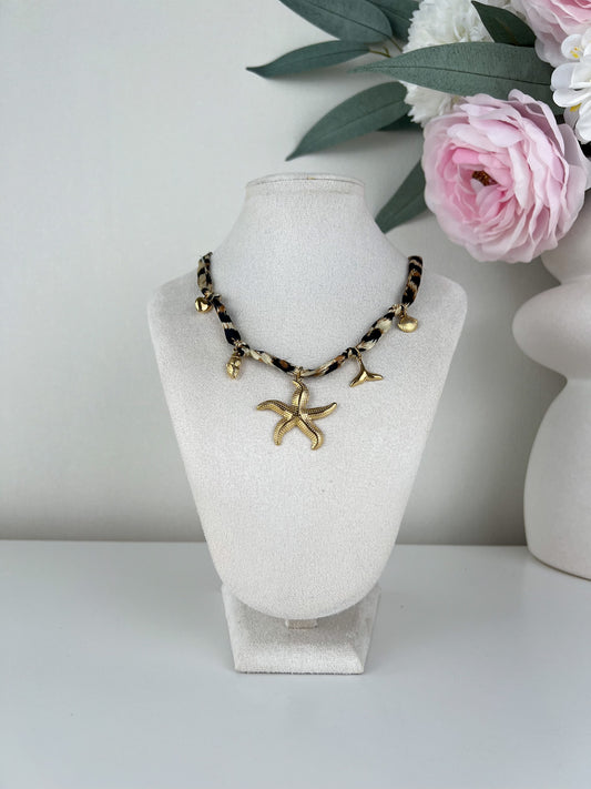 Ketting panterprint stof met zee bedels